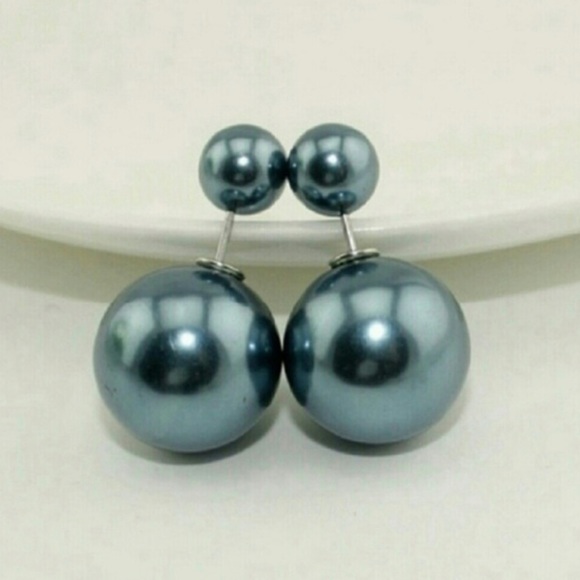 "Pearl" Double Sided Earrings. Blue, Dark Pink, Green & Red - Picture 3 of 5